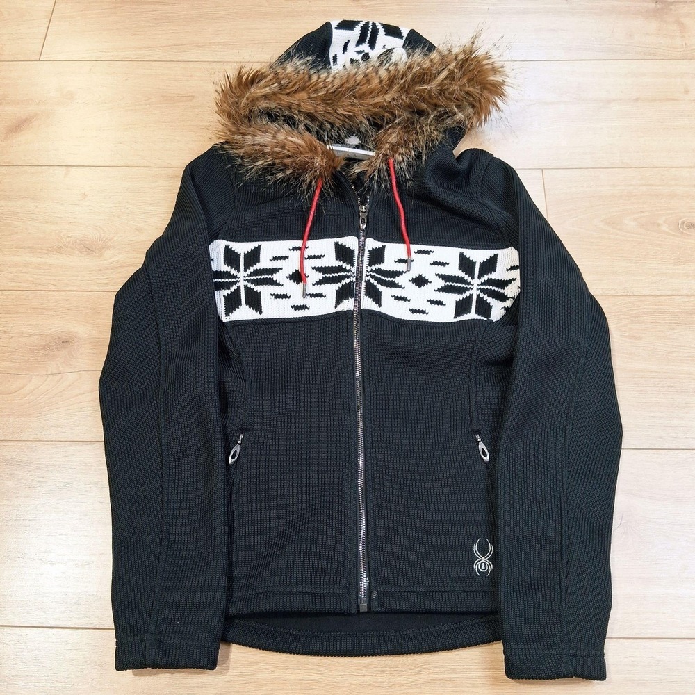 Spyder Soiree Hooded Core Sweater Womens Medium Black Hooded Full Zip Ski Knit